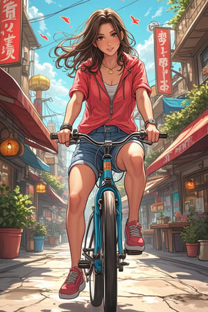 A vibrant Konami art style illustration featuring a young woman riding a bike. She is depicted in a dynamic pose, pedaling energetically with a confident smile. The scene is set in a colorful, pixelated urban environment with retro-inspired buildings and neon signs. The lighting is bright and cheerful, casting a warm glow on the characters and surroundings. The composition is balanced, with the bike and rider centered, capturing the sense of motion and adventure.