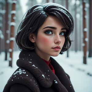 a closeup cinematic photo portrait of short hair, a women wearing luxury fur coat, fur clothing, winter, in a forest, snowfal