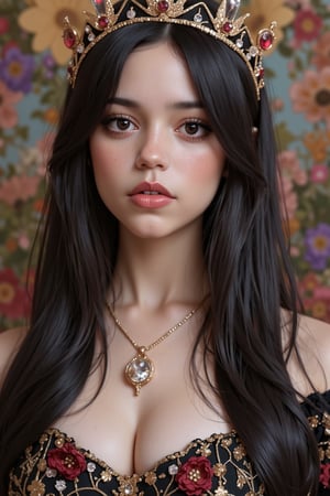 (Fine, 4k, 8k, HD, Masterpiece: 1.2), Super Fine, Realistic, Lady, Medieval Style, Gorgeous Style, Princess Style, Gemstone Jewelry, Aristocratic Style, Full Body Shot: 1.5, Normal Shot: 1.5, Frontal Shot, Germany Bro style, shy expression, straight black hair, elegant mini crown, colorful, garden scenery, high color floral background, castle background, studio lights, FLUX_QTNimE_2, NiJi_2_FLUX, REALNIME