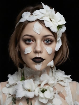 a 3D rendering of a woman's face is adorned with a white dress adorned with white flowers. Her hair is styled in a wavy bob, and her eyes are a piercing blue. Her lips are painted black, adding a touch of black to her face. The background is a stark black, creating a striking contrast to the woman's white dress.