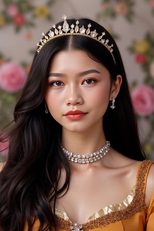 (Fine, 4k, 8k, HD, Masterpiece: 1.2), Super Fine, Eye Sparkle, Realistic, Lady, Medieval Style, Gorgeous Style, Princess Style, Gemstone Jewelry, Aristocratic Style, Full Body Shot: 1.5, Normal Shot: 1.5, Frontal Shooting, German Bro style, shy expression, straight black hair, elegant mini crown, colorful, garden scenery, high-color floral background, castle background, studio lighting, FLUX_QTNimE_2, NiJi_2_FLUX, REALNIME