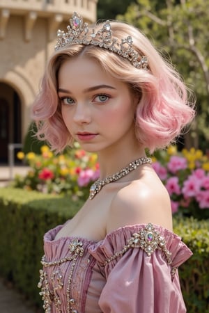 (Fine, 4k, 8k, HD, Masterpiece: 1.2), Super Fine, Realistic, Lady, Medieval Style, Gorgeous Style, Princess Style, Gemstone Jewelry, Aristocratic Style, Full Body Shot: 1.5, Normal Shot: 1.5, Frontal Shot, Germany Bro style, shy expression, pink curly hair, elegant mini crown, colorful, garden scenery, high color flower background, castle background, studio lighting, FLUX_QTNimE_2, NiJi_2_FLUX, REALNIME