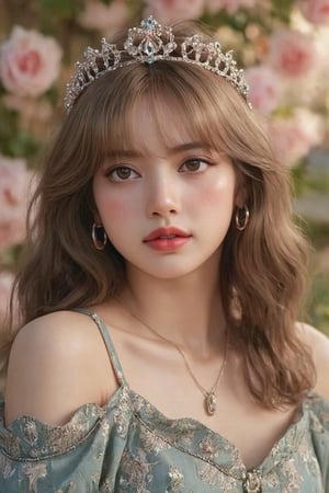 (Fine, 4k, 8k, HD, Masterpiece: 1.2), Super Detailed, Realistic, Lady, Medieval Style, Gorgeous Style, Princess Style, Gemstone Jewelry, Aristocratic Style, Full Body Shot: 1.5, Normal Shot: 1.5, Gothic Style, Shy expression, brown curly hair, elegant mini crown,colorful, garden scenery, high color flower background, studio lighting, FLUX_QTNimE_2, NiJi_2_FLUX, REALNIME