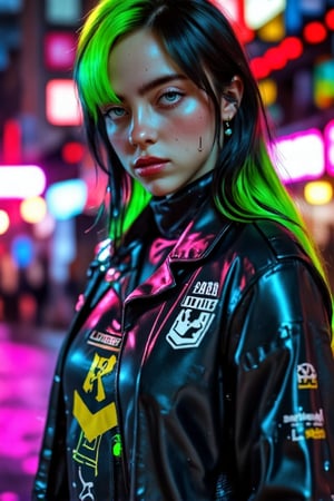 Here’s the modified prompt incorporating the metal nose ring, specifically a septum nose ring, and adjusting the hair color to a gradient from black to green:

Prompt: "(Fine, 4k, 8k, HD, Masterpiece: 1.2), Ultra-detailed, Realistic, Metal Accessories, Rock Style, Cyberpunk Style, Street Style, Future Style, Street Leather, tactical bodysuit, neon-accented outfit, high-collar jacket, cybernetic arm, Full Body Shot: 1.5, Normal Shot: 1.5, Gothic style, shy expression, mohawk hairstyle with black-to-green gradient, bright colors, street night scene, neon background, studio lights, metal septum nose ring, FLUX_QTNimE_2, NiJi_2_FLUX, REALNIME"

This prompt specifies the addition of a metal septum nose ring and modifies the hair color to transition from black to green, while keeping the original details intact.