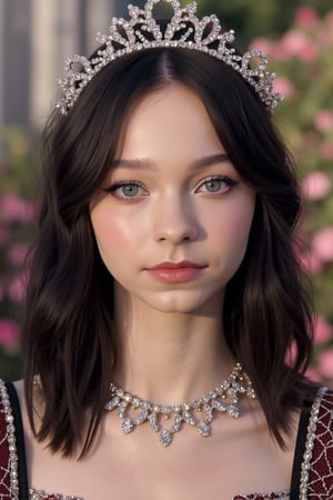 (Fine, 4k, 8k, HD, Masterpiece: 1.2), Super Fine, Eye Sparkle, Realistic, Lady, Medieval Style, Gorgeous Style, Princess Style, Gemstone Jewelry, Aristocratic Style, Full Body Shot: 1.5, Normal Shot: 1.5, Frontal Shooting, German Bro style, shy expression, straight black hair, elegant mini crown, colorful, garden scenery, high-color floral background, castle background, studio lighting, FLUX_QTNimE_2, NiJi_2_FLUX, REALNIME