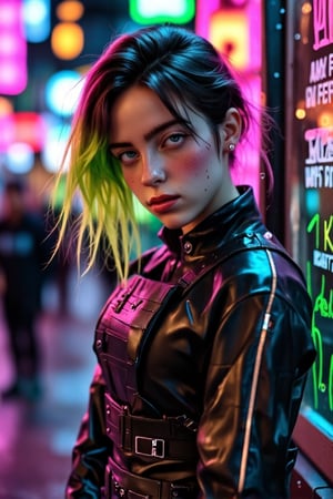 Here’s the modified prompt incorporating the metal nose ring, specifically a septum nose ring, and adjusting the hair color to a gradient from black to green:

Prompt: "(Fine, 4k, 8k, HD, Masterpiece: 1.2), Ultra-detailed, Realistic, Metal Accessories, Rock Style, Cyberpunk Style, Street Style, Future Style, Street Leather, tactical bodysuit, neon-accented outfit, high-collar jacket, cybernetic arm, Full Body Shot: 1.5, Normal Shot: 1.5, Gothic style, shy expression, mohawk hairstyle with black-to-green gradient, bright colors, street night scene, neon background, studio lights, metal septum nose ring, FLUX_QTNimE_2, NiJi_2_FLUX, REALNIME"

This prompt specifies the addition of a metal septum nose ring and modifies the hair color to transition from black to green, while keeping the original details intact.