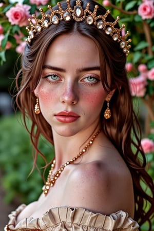 (Fine, 4k, 8k, HD, Masterpiece: 1.2), Super Detailed, Realistic, Lady, Medieval Style, Gorgeous Style, Princess Style, Gemstone Jewelry, Aristocratic Style, Full Body Shot: 1.5, Normal Shot: 1.5, Gothic Style, Shy expression, brown curly hair, colorful, garden scenery, high color flower background, studio lighting, FLUX_QTNimE_2, NiJi_2_FLUX, REALNIME