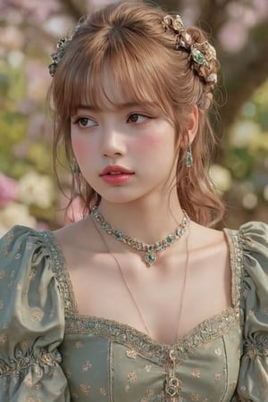 (Fine, 4k, 8k, HD, Masterpiece: 1.2), Ultra-Detailed, Realistic, Lady, Medieval Style, Gorgeous Style, Princess Style, Gemstone Jewelry, Aristocratic Style, Full Body Shot: 1.5, Normal Shot: 1.5, Frontal Shot, Germany Bro style, shy expression, brown curly hair, colorful, garden scenery, high color flowers background, studio lighting, FLUX_QTNimE_2, NiJi_2_FLUX, REALNIME