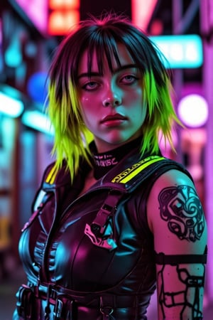 Here’s the modified prompt incorporating the metal nose ring, specifically a septum nose ring, and adjusting the hair color to a gradient from black to green:

Prompt: "(Fine, 4k, 8k, HD, Masterpiece: 1.2), Ultra-detailed, Realistic, Metal Accessories, Rock Style, Cyberpunk Style, Street Style, Future Style, Street Leather, tactical bodysuit, neon-accented outfit, high-collar jacket, cybernetic arm, Full Body Shot: 1.5, Normal Shot: 1.5, Gothic style, shy expression, mohawk hairstyle with black-to-green gradient, bright colors, street night scene, neon background, studio lights, metal septum nose ring, FLUX_QTNimE_2, NiJi_2_FLUX, REALNIME"

This prompt specifies the addition of a metal septum nose ring and modifies the hair color to transition from black to green, while keeping the original details intact.