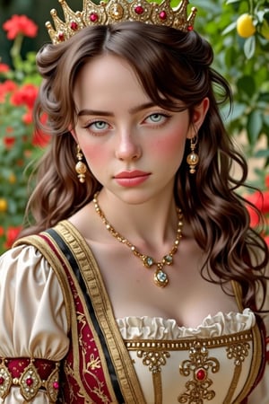 (Fine, 4k, 8k, HD, Masterpiece: 1.2), Ultra-Detailed, Realistic, Lady, Medieval Style, Gorgeous Style, Princess Style, Gemstone Jewelry, Aristocratic Style, Full Body Shot: 1.5, Normal Shot: 1.5, Frontal Shot, Germany Bro style, shy expression, brown curly hair, colorful, garden scenery, high color flowers background, studio lighting, FLUX_QTNimE_2, NiJi_2_FLUX, REALNIME