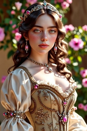 (Fine, 4k, 8k, HD, Masterpiece: 1.2), Ultra-Detailed, Realistic, Lady, Medieval Style, Gorgeous Style, Princess Style, Gemstone Jewelry, Aristocratic Style,hourglass figure, light smile,Full Body Shot: 1.5, Normal Shot: 1.5, Frontal Shot, Germany Bro style, shy expression, brown curly hair, colorful, garden scenery, high color flowers background, studio lighting, FLUX_QTNimE_2, NiJi_2_FLUX, REALNIME