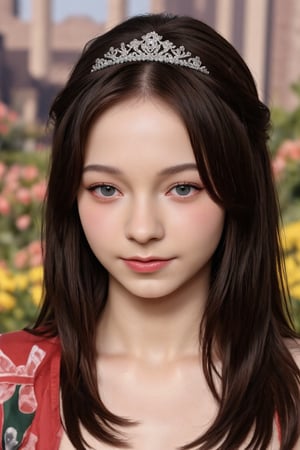 (Fine, 4k, 8k, HD, Masterpiece: 1.2), Super Fine, Eye Sparkle, Realistic, Lady, Medieval Style, Gorgeous Style, Princess Style, Gemstone Jewelry, Aristocratic Style, Full Body Shot: 1.5, Normal Shot: 1.5, Frontal Shooting, German Bro style, shy expression, straight black hair, elegant mini crown, colorful, garden scenery, high-color floral background, castle background, studio lighting, FLUX_QTNimE_2, NiJi_2_FLUX, REALNIME