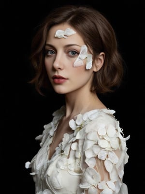 a 3D rendering of a woman's face is adorned with a white dress adorned with white flowers. Her hair is styled in a wavy bob, and her eyes are a piercing blue. Her lips are painted black, adding a touch of black to her face. The background is a stark black, creating a striking contrast to the woman's white dress.