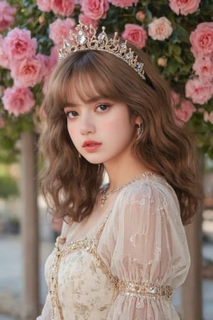 (Fine, 4k, 8k, HD, Masterpiece: 1.2), Ultra-Detailed, Realistic, Lady, Medieval Style, Gorgeous Style, Princess Style, Gemstone Jewelry, Aristocratic Style, Full Body Shot: 1.5, Normal Shot: 1.5, Frontal Shot, Germany Bro style, shy expression, brown curly hair, colorful, garden scenery, high color flowers background, studio lighting, FLUX_QTNimE_2, NiJi_2_FLUX, REALNIME