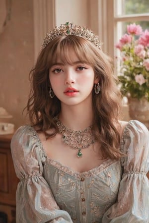 (Fine, 4k, 8k, HD, Masterpiece: 1.2), Ultra-Detailed, Realistic, Lady, Medieval Style, Gorgeous Style, Princess Style, Gemstone Jewelry, Aristocratic Style, Full Body Shot: 1.5, Normal Shot: 1.5, Frontal Shot, Germany Bro style, shy expression, brown curly hair, colorful, garden scenery, high color flowers background, studio lighting, FLUX_QTNimE_2, NiJi_2_FLUX, REALNIME