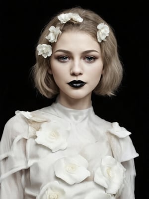 a 3D rendering of a woman's face is adorned with a white dress adorned with white flowers. Her hair is styled in a wavy bob, and her eyes are a piercing blue. Her lips are painted black, adding a touch of black to her face. The background is a stark black, creating a striking contrast to the woman's white dress.