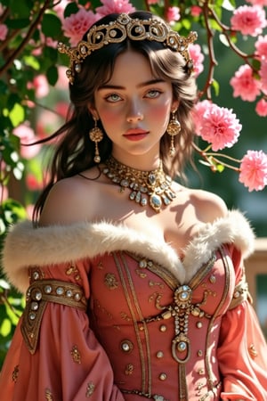 (Fine, 4k, 8k, HD, Masterpiece: 1.2), Ultra-Detailed, Realistic, Lady, Medieval Style, Gorgeous Style, Princess Style, Gemstone Jewelry, Aristocratic Style, Full Body Shot: 1.5, Normal Shot: 1.5, Frontal Shot, Germany Bro style, shy expression, brown curly hair, colorful, garden scenery, high color flowers background, studio lighting, FLUX_QTNimE_2, NiJi_2_FLUX, REALNIME