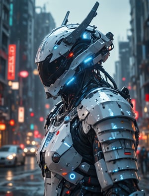 A LunarWhite-clad samurai dons sparkling mechanized armor, its icy white hue intensified by cinematic lighting that casts a heroic glow. In a dramatic film epic scene, the warrior's pose exudes determination as they stand amidst a futuristic cityscape at dusk, with towering skyscrapers and neon lights reflecting off their armored form in a hyper-realistic 3D Octane render, showcasing ultra-detailed textures and HD 16k resolution.