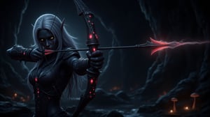 1girl, High detailed, masterpiece, best quality, 8K, highres, ultra-detailed, drowranger, most beautiful drow ranger, 3/4 closeup portrait proflle, perfect hands, perfect grip, anatomically correct, pointy ears, art by wlop, bow and arrow archer, blue arcana, sleek black skin, yellow eyes, stark white hair, wind in hair, light armor, shoulder plates, cape, DonMM4g1cFX, magnificent dynamic pose shooting in the dark, surrounded by aura of darkness. intricate obsidian encrusted ebony detailed bow with glowing red runes, red runic pulsing arrow head infused with flame and fire energy in a vortex concentrating into the arrow tip. dimly lit HDRI background setting torchlit, cavernous under dark world with bioluminescent mushrooms and glowing watery pool.