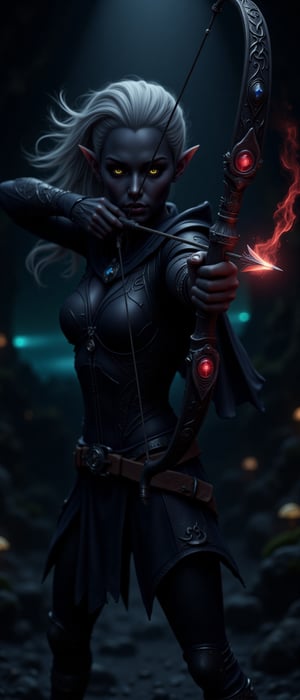 1girl, High detailed, masterpiece, best quality, 8K, highres, ultra-detailed, drowranger, most beautiful drow ranger, 3/4 closeup portrait proflle, perfect hands, perfect grip, anatomically correct, pointy ears, art by wlop, bow and arrow archer, blue arcana, sleek black skin, yellow eyes, stark white hair, wind in hair, light armor, shoulder plates, cape, DonMM4g1cFX, magnificent pose shooting in the dark, surrounded by aura of darkness. intricate obsidian encrusted ebony detailed bow with glowing red runes, red runic pulsing arrow head infused with flame and fire energy in a vortex concentrating into the arrow tip. dimly lit HDRI background setting torchlit, cavernous under dark world with bioluminescent mushrooms and glowing watery pool.