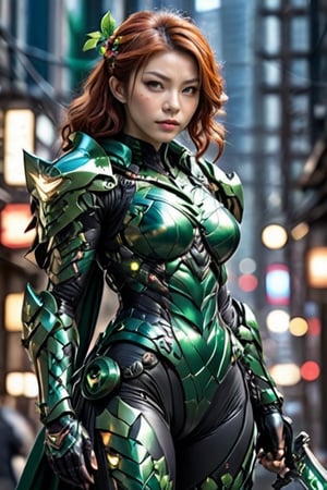 solo, masterpiece, best quality, high quality, 16k resolution, highres, photorealism, ultra realistic, score_9, score_8_up, score_7_up, 1girl, full body, weapon, female focus, great energy sword, slim segmented futuristic hourglass-shape armor, bokeh foreground, bodysuit, half masked, bokeh background, japanese samurai Green armor, superhero, weapon on back, Poison Ivy (super Hero), 
web print, DC comics, perfect logo of Poison Ivy