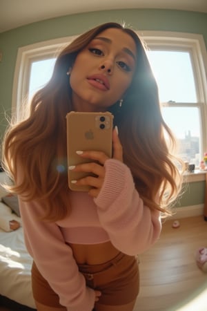 An Ariana Grande (arianagrande), A close-up with a hint of fish-eye lens photography, a young woman taken from a front angle, She holds a brown bear phone case smartphone near her chest, capturing her reflection in a mirror. Her voluminous, wavy brown hair frames her face, and cascading down her shoulders. The lighting is soft and natural, coming from behind her, creating a glow around her hair and face while casting gentle shadows. Her expression is neutral yet slightly pouty with full lips, revealing a subtle sheen. She wears a light pink and brown sweater. wearing brown y2k styled mini skirt. toned thighs. In the background, there's bright sunlight coming through a window, casting lens flares and creating a high-contrast effect with soft highlights on the right side of the image. The interior setting appears to be a bedroom area, though it is blurred and out of focus due to the shallow depth of field. Part of the room is visible in the foreground, adding depth to the scene. The overall mood is intimate and casual, enhanced by the color palette dominated by pink, sage green, and white. ideal proportions. juicy lips. perfect anatomy. good quality. perfect quality. 