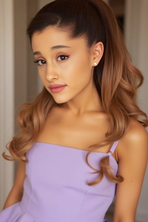 Ariana Grande, arianagrande, model, brunette hair, brown eyes, hair in half up half down ponytail with honey blonde dyed tips. curly. makeup. dimples. wearing spaghetti strap, lavender colored flared tank, with mini ribbon bow, Photoshoot. ideal proportions. perfect anatomy. high quality. perfect quality. 