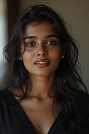  A raw photo of young Kerala girl 18yo, party look, brown skin , She wears a top, her features softly highlighted by even lighting, sweet smile, oval face, black-hair, long_hair, most beautiful eyes. Create a breath taking photograph. 50mm shot, 35mm,Midjourney_Whisper, Mallu