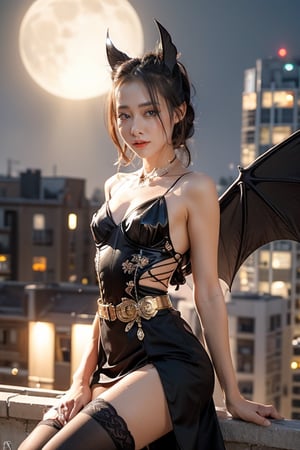 a girl, beautiful body!,(),((small_waist:1.35)), perfect body,. 1girl, solo, dress, flower, rose, thighhighs, 🦇 Mysterious digital art of a beautiful girl seamlessly blending with a bat. With artistically beautiful bat wings on her back, she sits on the rooftop of a building in the night skyline, silently gazing at the viewer. Her lonely expression and mysteriously glowing golden eyes. The mysterious scene that seems to disappear into the night skyline has the charm of drawing the viewer into a mysterious and unsettling world. A slightly eerie, Halloween-themed background, with atmospheric moonlight lighting.VNS_Add more details,cute