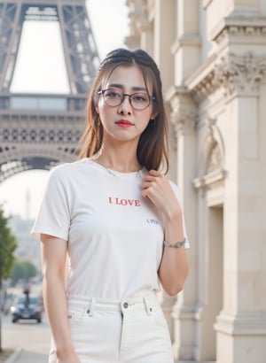 Captured at eye-level, a medium-sized Asian woman with long dark brown hair and glasses, petite body wearing a white fitted t-shirt and a white skirt. The woman's shirt reads "I LOVE" in bold red letters, "QL-ALpha Photographer" in black letters. The background is blurred, with a building on the right side of the frame. paris City. standing under the eiffel tower, seeing the whole eiffel tower