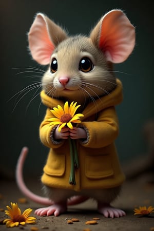 HDR photo of a mouse, He holds a flower in his paws, illustration, which is dressed in a cat's costume, old canvas, particles, dark background art by Earle Bergey, art by Steven DaLuz, art by Ignacio Zuloaga . High dynamic range, vivid, rich details, clear shadows and highlights, realistic, intense, enhanced contrast, highly detailed