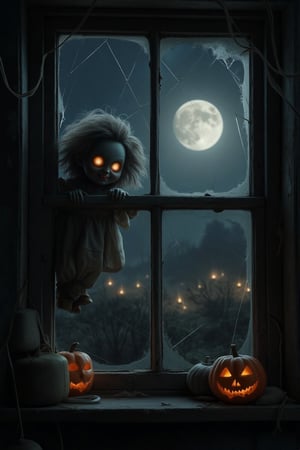 haunted doll, eerie and lifelike, peers out of a dusty, cobwebbed window at night on Halloween. The exterior view shows a dark, foggy landscape with distant, flickering jack-o'-lanterns. The moonlight casts long shadows, illuminating the old, creaky window frame. The doll's eyes glow faintly, reflecting the ghostly light, as it gazes curiously into the night. The composition frames the doll in the window, with the eerie Halloween scene beyond.