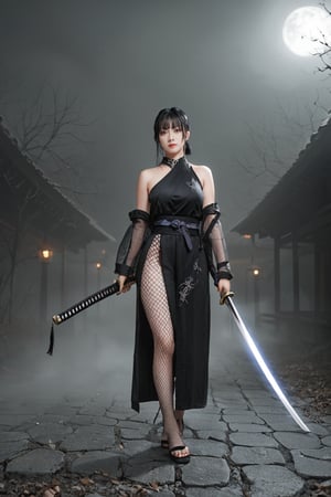 detailed illustration, illustration by Serpieri,score_9, score_7_up, (source_anime, Amazingly beautiful and curvy female Goth, black fishnet samurai, random flirty expression, wielding a katana, void of unknown origin, dark and misty background, mysterious fog, glowing lights surrounding the area, 
black eyes