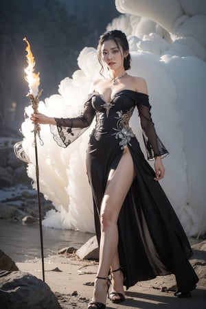 A striking dark witch with an aura of mystery and power; she is cloaked in a flowing, shadowy gown made of rich velvet and lace, adorned with intricate patterns of thorny vines and crescent moons. Her attire is accented by a corseted bodice and long, draping sleeves that add to her imposing presence. Her hair is raven-black, cascading in wild waves around her shoulders, with a single lock adorned by a silver charm shaped like a raven's feather.

Her eyes are piercing and enigmatic, glowing faintly with an otherworldly light. In one hand, she holds an ancient grimoire bound in leather and etched with arcane symbols; in the other, she wields a twisted staff topped with an obsidian crystal that pulsates with dark energy.

The setting is a mist-laden forest at midnight under a moonless sky, where twisted trees loom ominously in the background. Wisps of fog curl around her feet as shadows dance mysteriously across the landscape. This image captures the essence of dark fantasy with hyperdetailed 16K resolution HDR to highlight every nuance of texture and atmosphere.