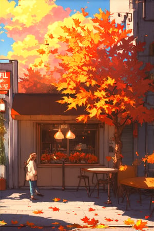 create a fall-themed cozy cafe, surrounded by an orange maple tree, some leftover leaves floating and lying on the street, vintage, cinematic, aesthetic, the sky is a mix of horizontal yellow and a slight shade of pink and blue in it, with a big sharp contrasted orange and crimson cloud, make this vibing to fall time, anime, ultra HD, 4k, wallpaper.
