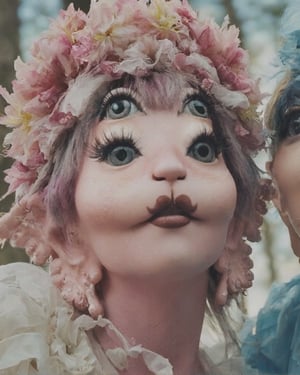 a close up shot captures two women in a unique fashion. The women are dressed in a pale pink dress adorned with flowers and ribbons, adding a touch of charm to the scene. The woman on the left is wearing a white dress, while the other woman on the right is wearing a blue dress, Both women are adorned with a headdress adorned with two flowers on each head. The background is blurred, creating a dramatic effect.