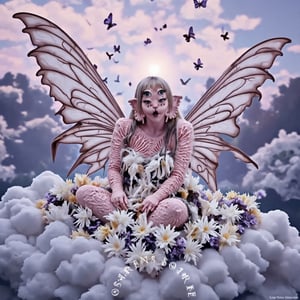 Melanie Martinez sitting on a rain cloud in heaven, angel wings, beautiful feather wings, feather dress, dress made out of feathers, fairy dust everywhere, butterflys flying