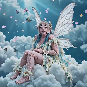 Melanie Martinez sitting on a rain cloud in heaven, angel wings, beautiful feather wings, feather dress, dress made out of feathers, fairy dust everywhere, butterflys flying, cute, beautiful, elegant, elegance, good quality, very good quality, 18k 19k