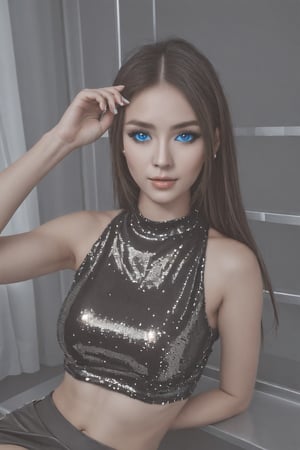  1girl, solo, mature, sexy, highly detailed face and eyes, professional makeup, black sequin sleeveless cropped top, glowing blue eyes  金色头发