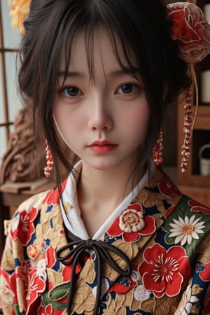 "In an ornately decorated tea room, a 22-year-old Japanese woman dons a luxurious kimono adorned with detailed floral embroidery. The cinematic lighting enhances each meticulous stitch and accentuates her transfixing look. Her expressive eyes convey subtle nuances of emotion, creating an artistic portrait that captures the sophisticated beauty and cultural depth surrounding her."