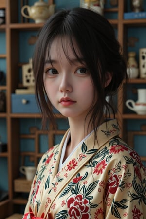 "In an ornately decorated tea room, a 22-year-old Japanese woman dons a luxurious kimono adorned with detailed floral embroidery. The cinematic lighting enhances each meticulous stitch and accentuates her transfixing look. Her expressive eyes convey subtle nuances of emotion, creating an artistic portrait that captures the sophisticated beauty and cultural depth surrounding her."