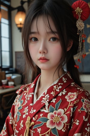 "In an ornately decorated tea room, a 22-year-old Japanese woman dons a luxurious kimono adorned with detailed floral embroidery. The cinematic lighting enhances each meticulous stitch and accentuates her transfixing look. Her expressive eyes convey subtle nuances of emotion, creating an artistic portrait that captures the sophisticated beauty and cultural depth surrounding her."