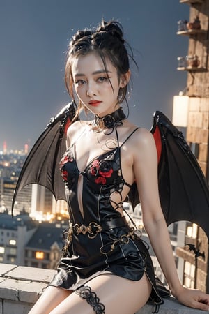 a girl, beautiful body!,(),((small_waist:1.35)), perfect body,. 1girl, solo, dress, flower, rose, thighhighs, 🦇 Mysterious digital art of a beautiful girl seamlessly blending with a bat. With artistically beautiful bat wings on her back, she sits on the rooftop of a building in the night skyline, silently gazing at the viewer. Her lonely expression and mysteriously glowing golden eyes. The mysterious scene that seems to disappear into the night skyline has the charm of drawing the viewer into a mysterious and unsettling world. A slightly eerie, Halloween-themed background, with atmospheric moonlight lighting.VNS_Add more details,cute