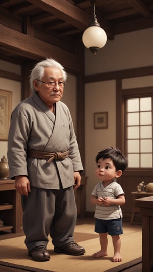 A cozy, traditional-style house interiors. An elderly man with white hair, glasses, and traditional clothing stands seriously, looking down at a young boy. The boy has short black hair, a round face, and wears a striped shirt and shorts. He looks up at the older man with a focused expression ,Pixar Art