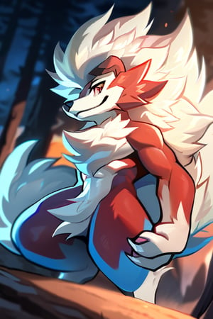 top quality, high-quality illustrations((masterpiece))depth of field, motion blur, absurdres, Perfect Anatomy, magnificent picture of perfect anatomy(furry, male focus, solo, arcanine body, ((fluffy fur, fluffy, furry body)), (wolf print), red eyes, hair tuft, long hair, ((Light-blue Body Fur)), Long Tail, ((Light-blue Tail Fur)), ((White tip Tail)), Strong, Handsome, Muscular, Long wolf tail, midnight_lycanroc head, ((white hair, long mohawk hair, long textured bangs with a peak finish)), (white muzzle, white forearms), Handsome muscular body, ((Black Tiger stripes in arms)), ((Black Tiger stripes in legs)), ((5 fingers, Best Quality, White toe claws)), (White torso), ((Pink feet paws, pink pawpads)), Masterpiece, Solo, Furry, Medium Muscular Body, an atropomorphic furry fursona using wild magic