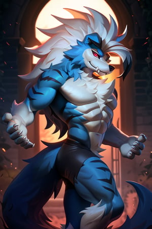 (best quality,4k,8k,highres,masterpiece:1.2),ultra-detailed,sexy furry (highly detailed beautiful face and eyes) perfect anatomy(furry, male focus, solo, arcanine body, ((fluffy fur, fluffy, furry body)), (wolf print), red eyes, hair tuft, long hair, ((Light-blue Body Fur)), Long Tail, ((Light-blue Tail Fur)), ((White tip Tail)), Strong, Handsome, Muscular, Long wolf tail, midnight_lycanroc head, ((white hair, long mohawk hair, long textured bangs with a peak finish)), (white muzzle, white forearms), Handsome muscular body, ((Black Tiger stripes in arms)), ((Black Tiger stripes in legs)), ((5 fingers, Best Quality, White toe claws)), White torso), full body ,alone, (Youth Men), (muscular,Thin figure), with well toned abs, (((masterpiece,best quality,ultra-detailed))), wearing black shorts, Halloween background