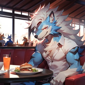 Best quality, Solo, Shoichi Urata, a masterpiece, best quality, nj5furry,furry male, 1boy, furry, male focus, solo, arcanine body, ((fluffy fur, fluffy, furry body)), (wolf print), red eyes, hair tuft, long hair, ((Light-blue Body Fur)), ((Light-blue Tail Fur)), ((White tip Tail)), Strong, Handsome, Long wolf tail, midnight_lycanroc head, ((white hair, long mohawk hair, long textured bangs with a peak finish)), (white muzzle, white forearms), Handsome muscular body, ((Black Tiger stripes in arms)), Medium Muscular Body,  detailed fur, detailed face, detailed eyes, Handsome, Good Looking, Charming, Casual shirt, Charming Pose, Fierce, Cool Pose, Happy, Joy Expression, Sitting in sofa, Table, Eating Afternoon, Restaurant Background.