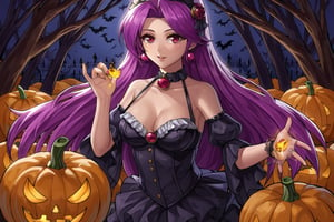 best quality, masterpiece, extremely detailed CG unity 8k wallpaper,(Beautiful and delicate: 1.2),offical art,1girl,borgar,pumpkins,the bats,Halloween theme
(5_fingers on hand), (correct number of fingers), (beautiful hands), perfect anatomy,Exact finger count,AthenaKOFXIII, Purple hair, in halloween custom, very detailed, view from above,hall0ween