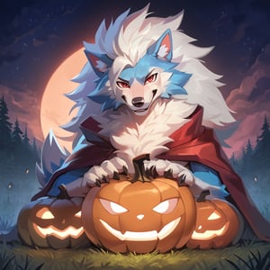 sexy furry male focus, make arcanine body, ((fluffy fur, fluffy, furry body)), red eyes, hair tuft, long hair, ((Light-blue Body Fur)), ((Light-blue Tail Fur)), ((White tip Tail)), Strong, Handsome, Long wolf tail, midnight_lycanroc head, ((white hair, long mohawk hair, long textured bangs with a peak finish)), (white muzzle, white forearms), Handsome muscular body, ((Black Tiger stripes in arms)), Muscular Body, detailed fur, detailed face, detailed eyes, Handsome, Good Looking, Charming, Muscular Body, detailed fur, detailed face, detailed eyes, Handsome, Good Looking, Charming, blushing,,wearing a black thorn cape with demon horns and wings, red pupils, night, ruined city, pumpkin