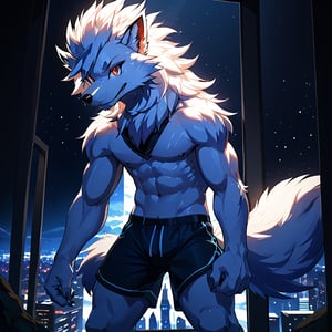 photorealistic, high detailed skin, high detailed face, intricate detail, masterpiece, professional photo, Kemono, Handsome Pokemon Arcanine, ((fluffy fur, fluffy, furry body)), red eyes, hair tuft, long hair, (light blue body, blue body, muscles), wolf tail, ((white hair, Only midnight_lycanroc Long mohawk hair)), 5 fingers, 4 toes, White toe claws, looking at viewer, Thick body, muscles, Detailed shiny Tiger stripes in arms and legs, hi res, anime, anime style, looking at the audience, Standing, sharp shadows, shaded, male focus, extreme detailed illustration, good anatomy, perfect anatomy, detailed RPG CG, masterpiece, best quality, detailed background, Single person, indoor,city,Look outside,Outside is the city,Black windbreaker,Black shorts, Alone,night,Artistic tones,Stand by the window.The highest quality of scene detail, teenager, big_muscle,Best quality hands, best quality eye,detailed light blue fur,Delicate eyes.Extreme picture quality,by sollyz,by zixiong,by milkytiger1145